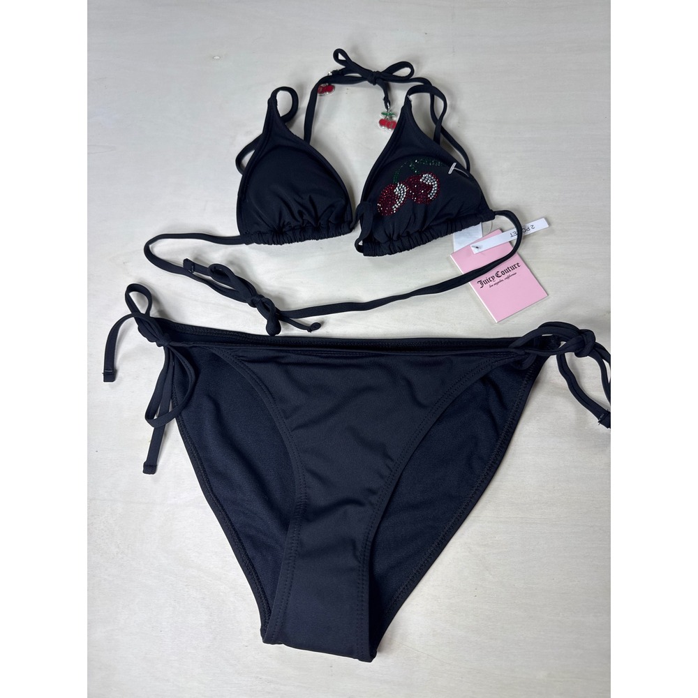 Juicy Couture Black Rhinestone Cherry Bikini Set Triangle Top Side Tie Bottoms S